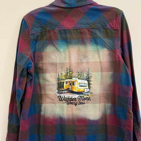 Natural Reflections Tops - Upcycled Natural Reflections Flannel - Wander More Worry Less Transfer - Size Lg